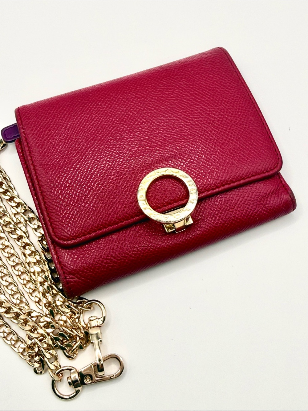 BVLGARI Raspberry Red Leather Wallet – Gold Logo Ring – Purple Interior